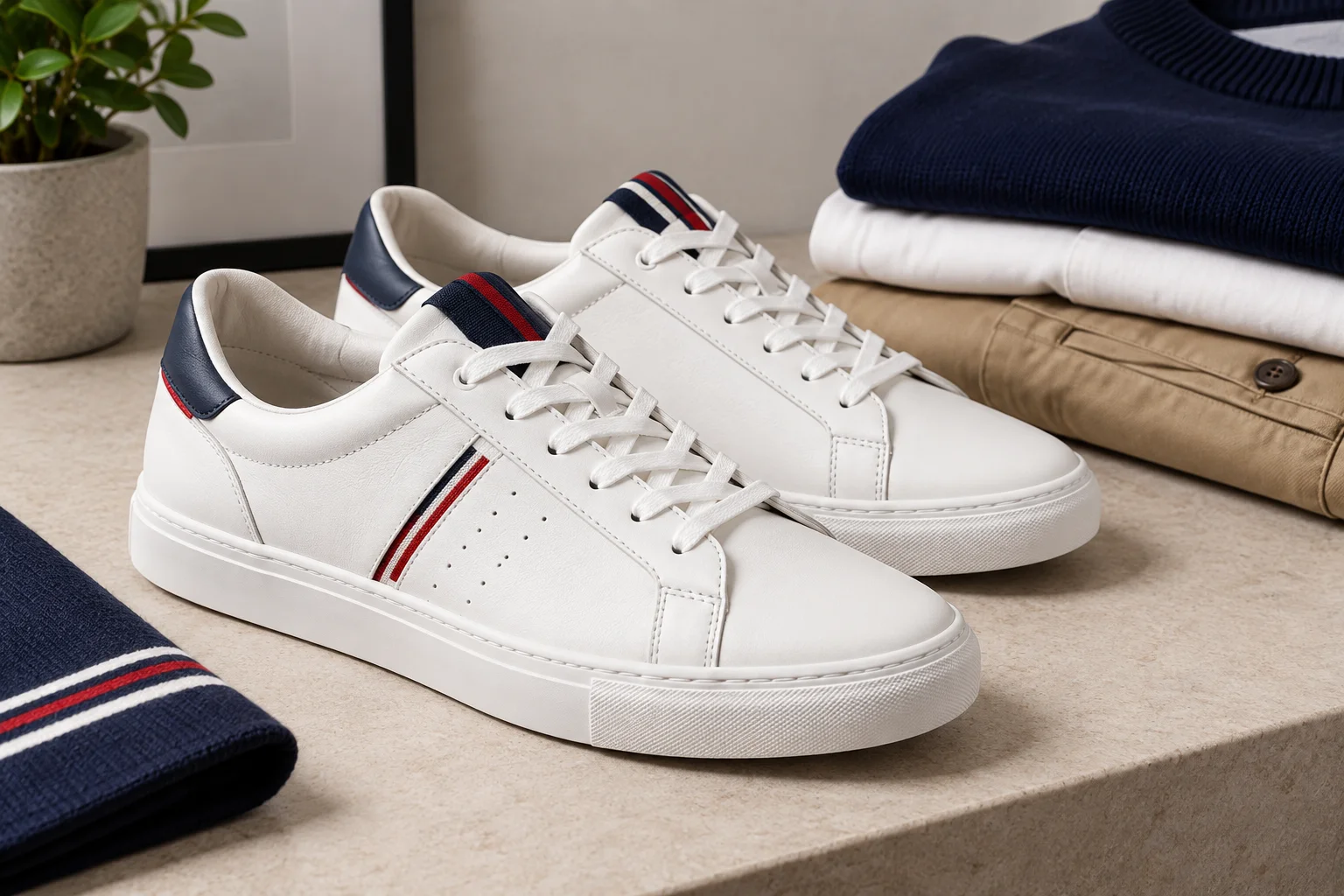 White leather low-top trainers with navy and red accents styled with men's casual clothing