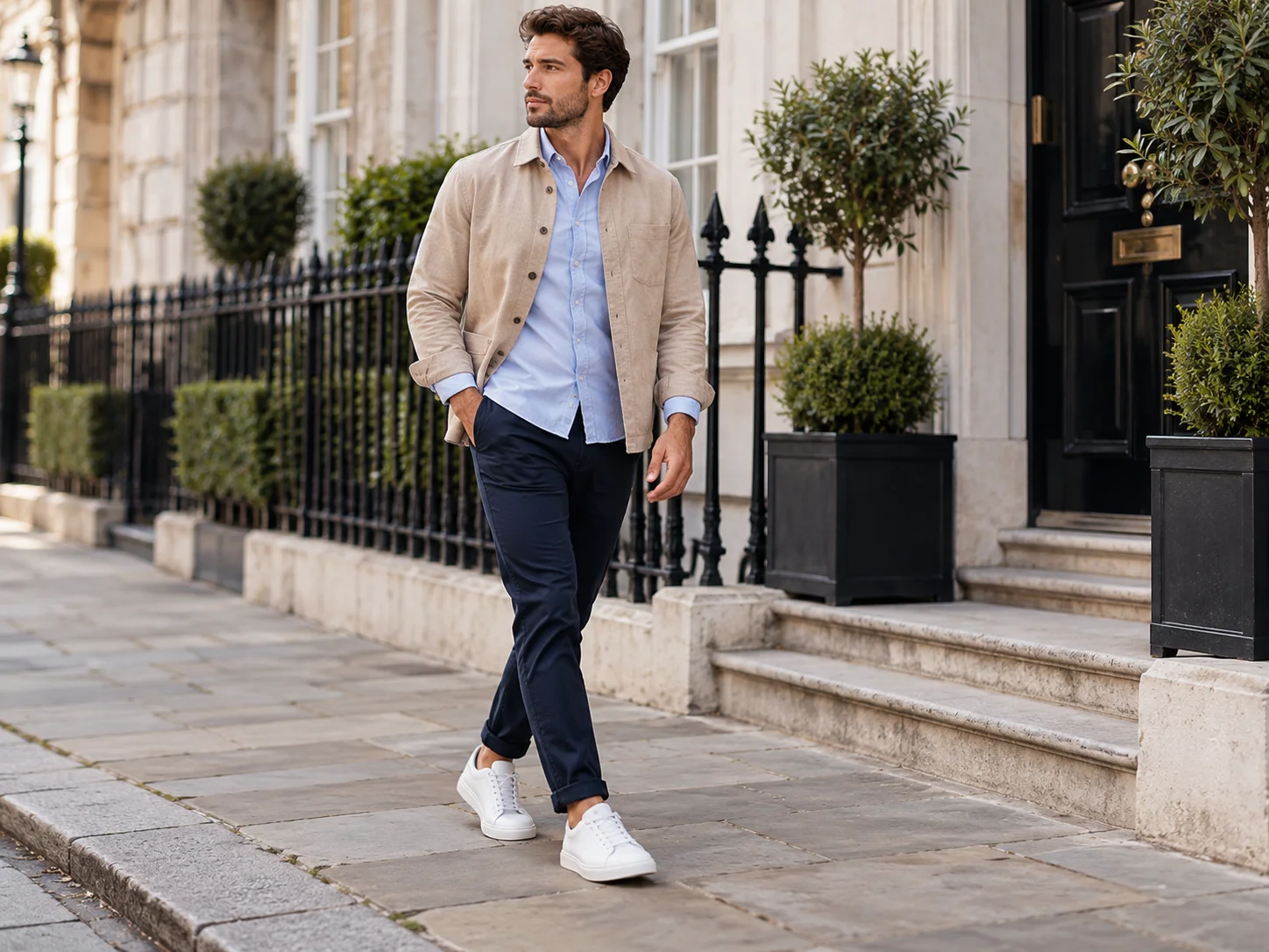 Man wearing clean white casual sneakers with navy trousers and a light overshirt