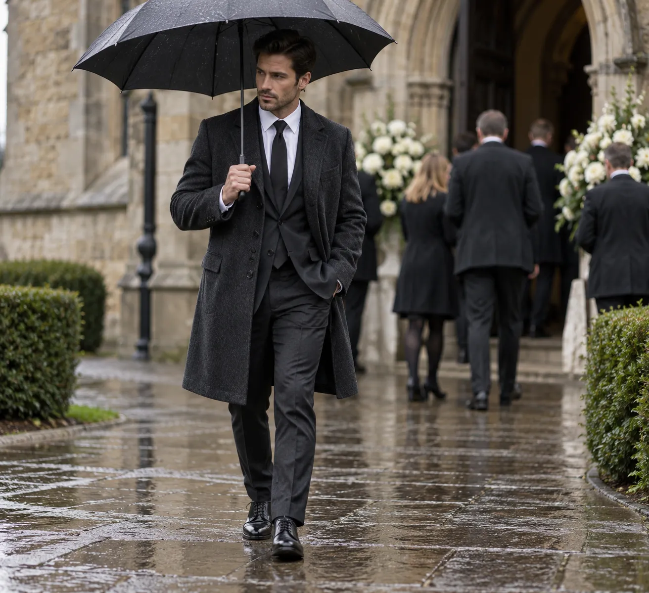 Man wearing a charcoal overcoat dark suit and black tie with an umbrella at a rainy winter funeral