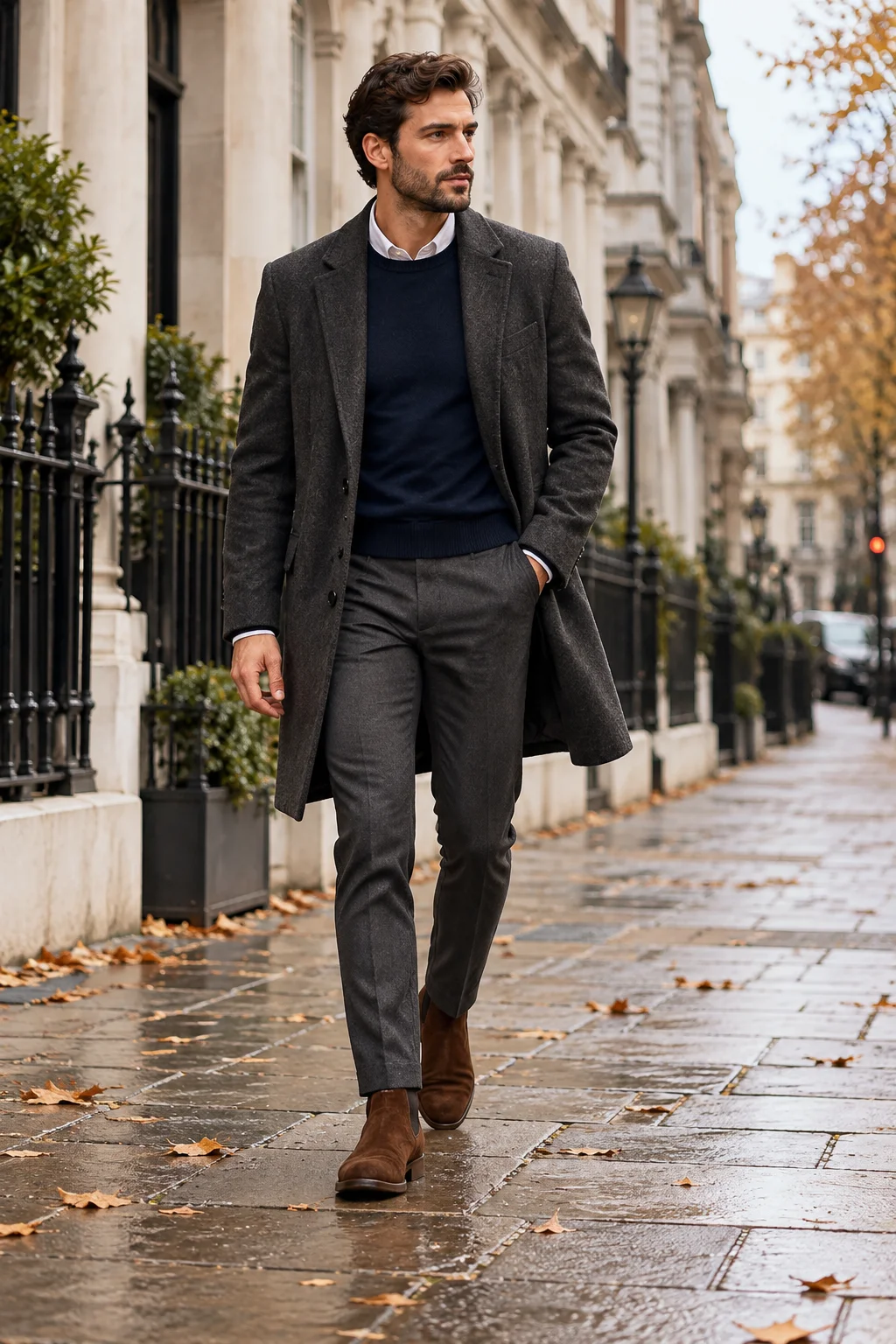 Man wearing a charcoal overcoat, navy sweater, tailored trousers and brown Chelsea boots for winter semi casual style