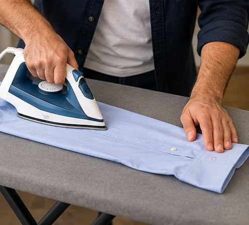 Iron pressing the sleeve of a light-blue shirt on a padded ironing board