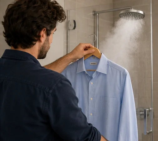Light-blue shirt hanging in a bathroom to soften minor creases with warm shower steam