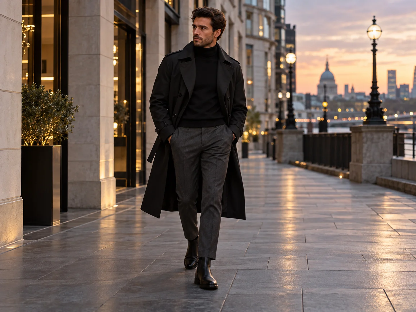 Man styling a beige trench coat with a light blue Oxford shirt, dark jeans and brown suede loafers