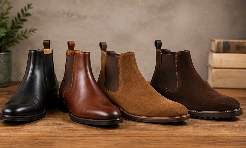 Four men's Chelsea Boots Men in black leather, brown leather, tan suede and dark brown suede side by side
