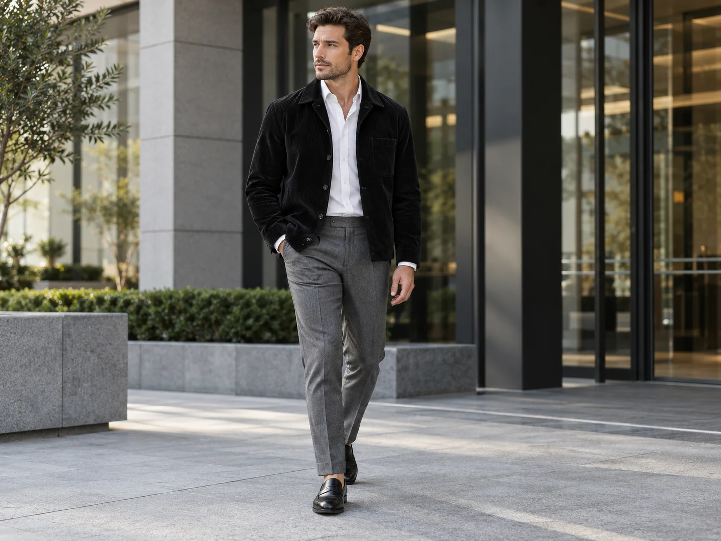 Man wearing a black corduroy jacket with a white Oxford shirt, grey tailored trousers and black loafers outside a modern office