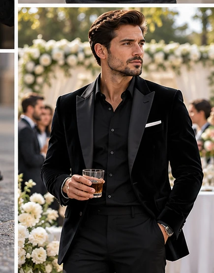 Man wearing a black shirt with a dark suit at a formal wedding event