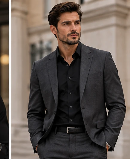 Man wearing a black shirt with a tailored grey suit