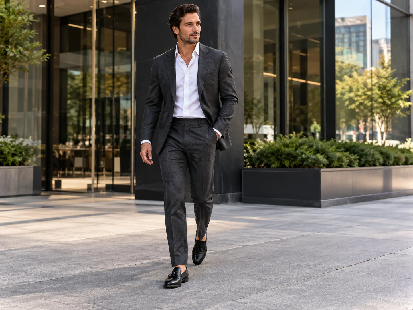 Man wearing black tassel loafers with a charcoal suit and white shirt