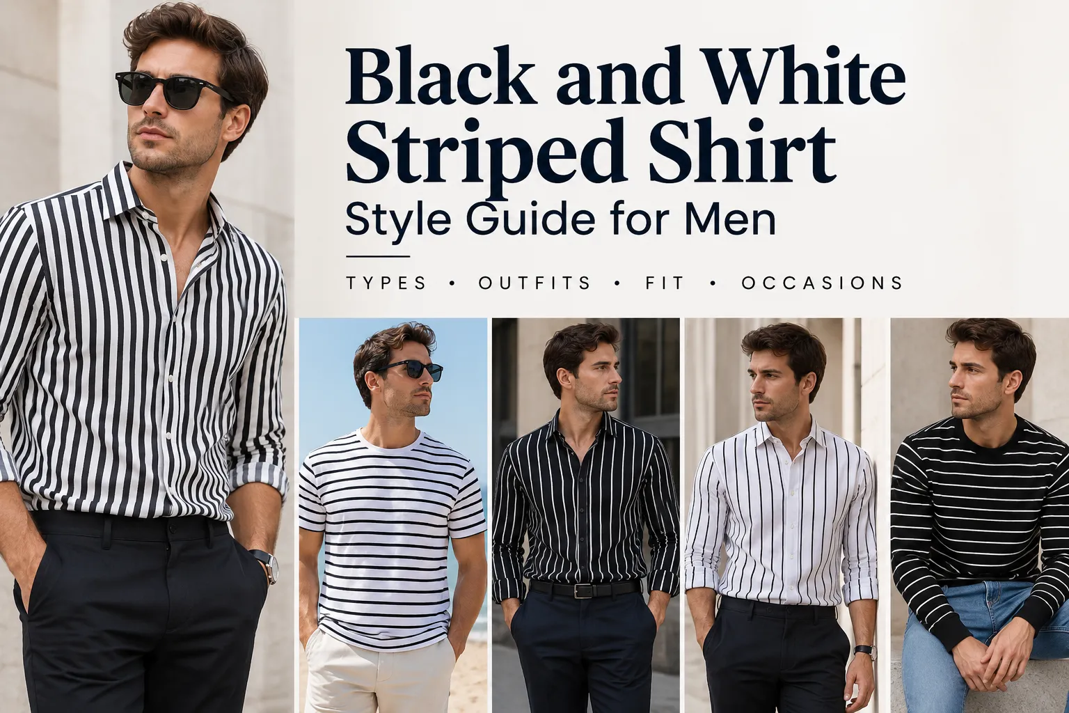 Men's black and white, blue and white, and coloured striped shirts shown for style comparison