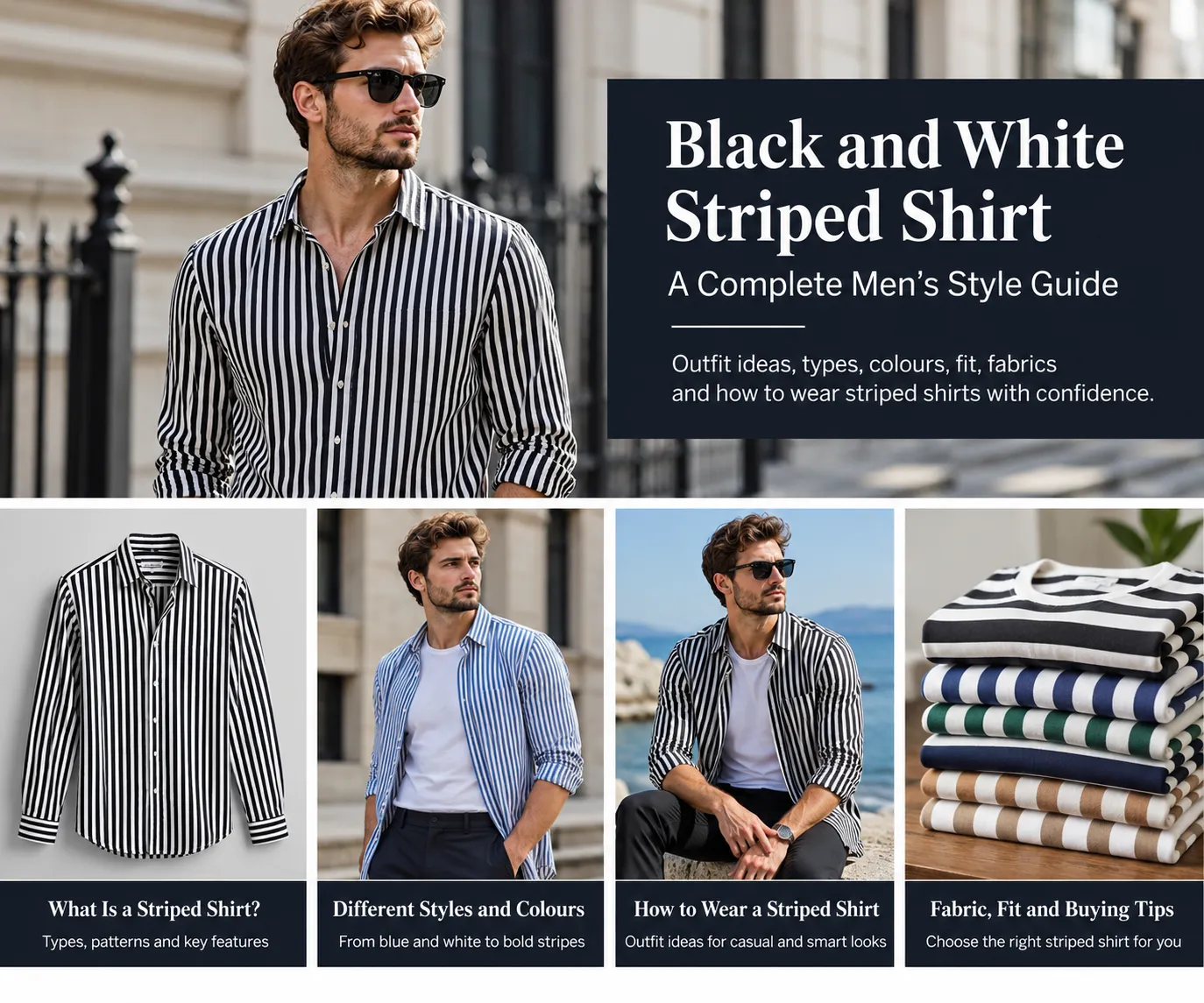 Men's black and white striped shirt styling guide showing smart and casual striped shirt outfit ideas