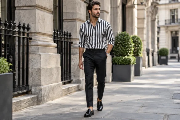 Man wearing a black and white striped shirt with tailored black trousers and black loafers in a smart casual city outfit