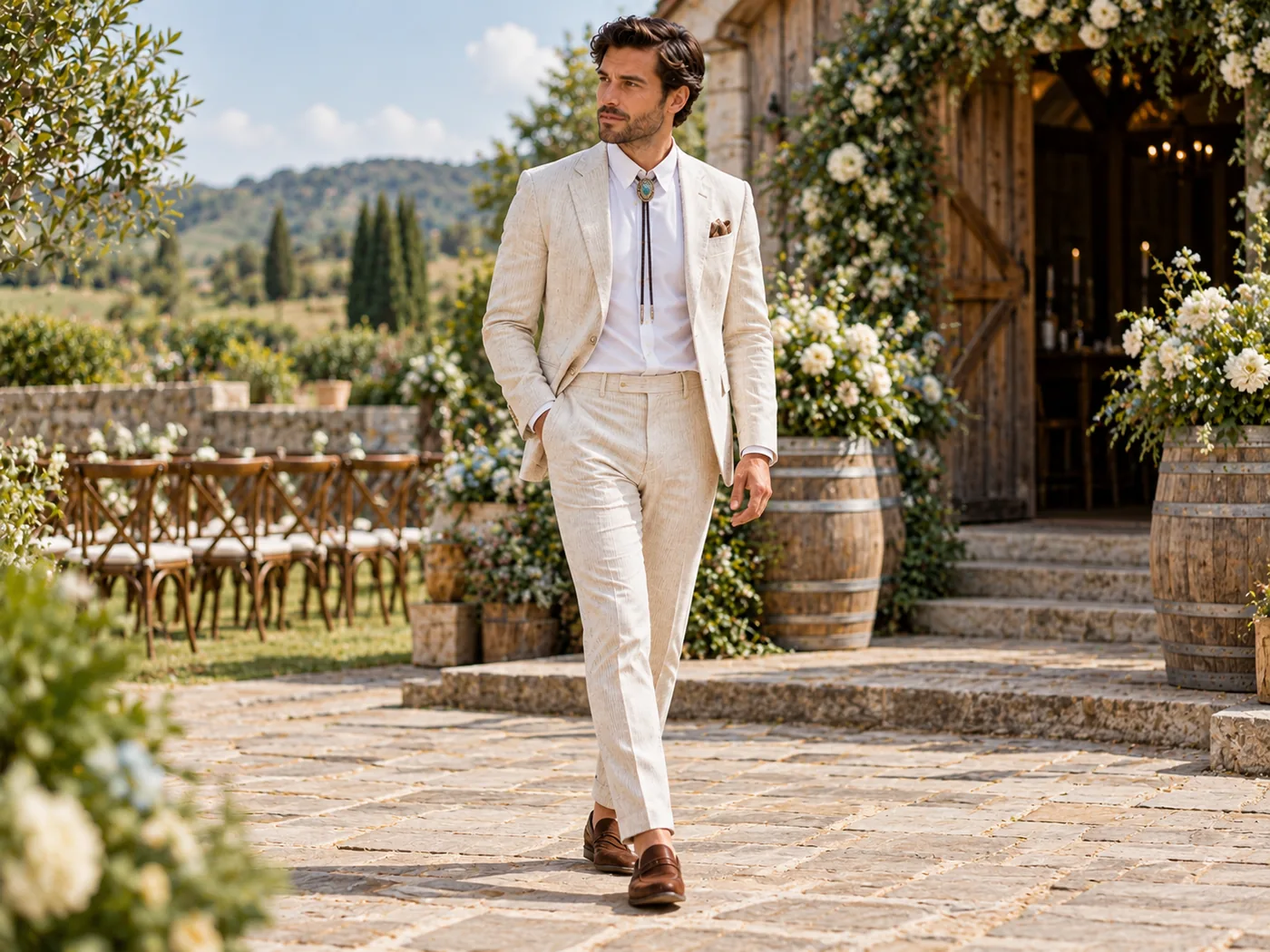 Man wearing a cream summer suit, white shirt and turquoise bolo tie at a rustic wedding venue