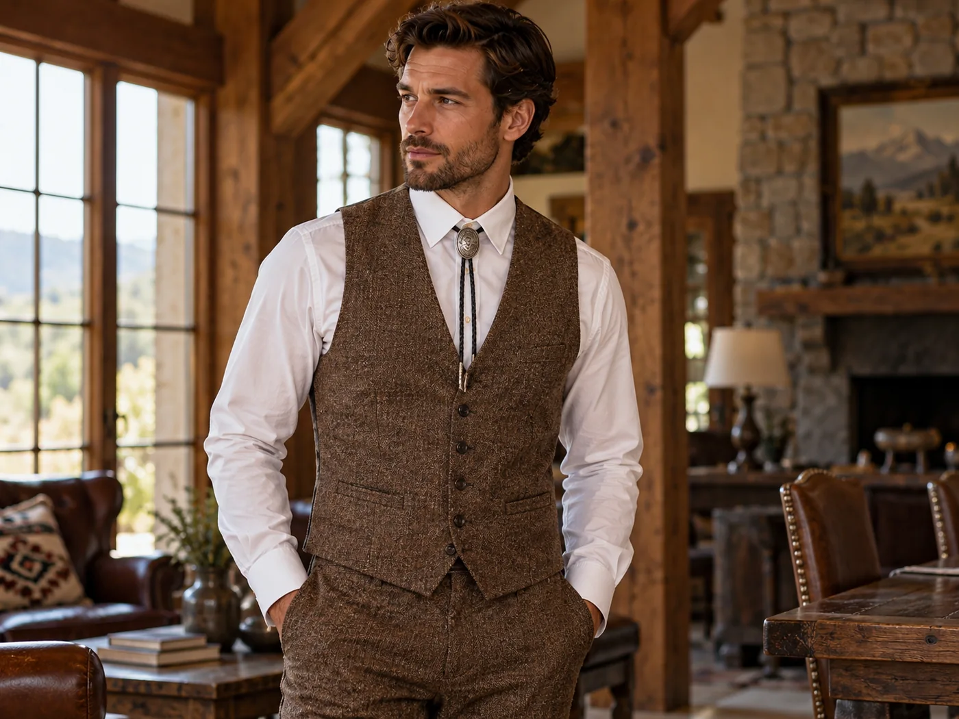 Man in brown tweed waistcoat with a white shirt and silver bolo tie in a country lodge