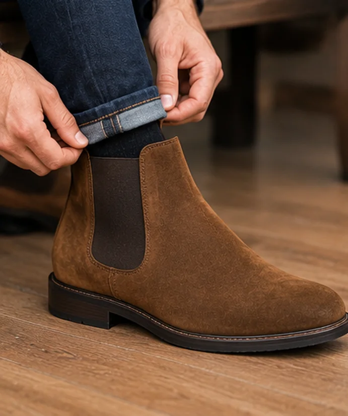 Close-up of a tan brown suede Chelsea boot showing the elastic side panel and pull-on tab