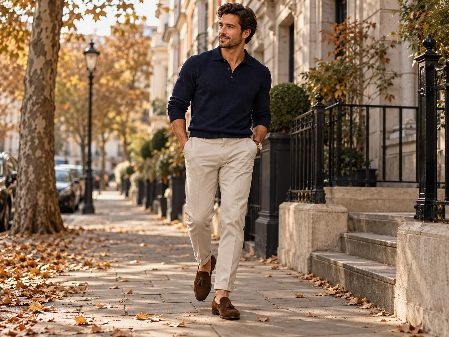 Brown suede tassel loafers styled with stone trousers and smart casual menswear