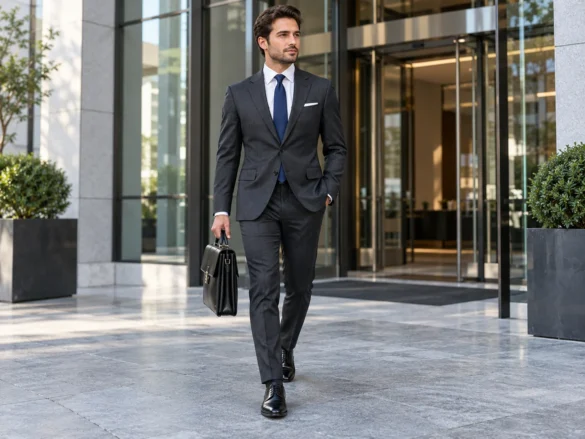 Man in a charcoal tailored suit, white dress shirt, dark blue tie and black Oxford shoes outside a modern office