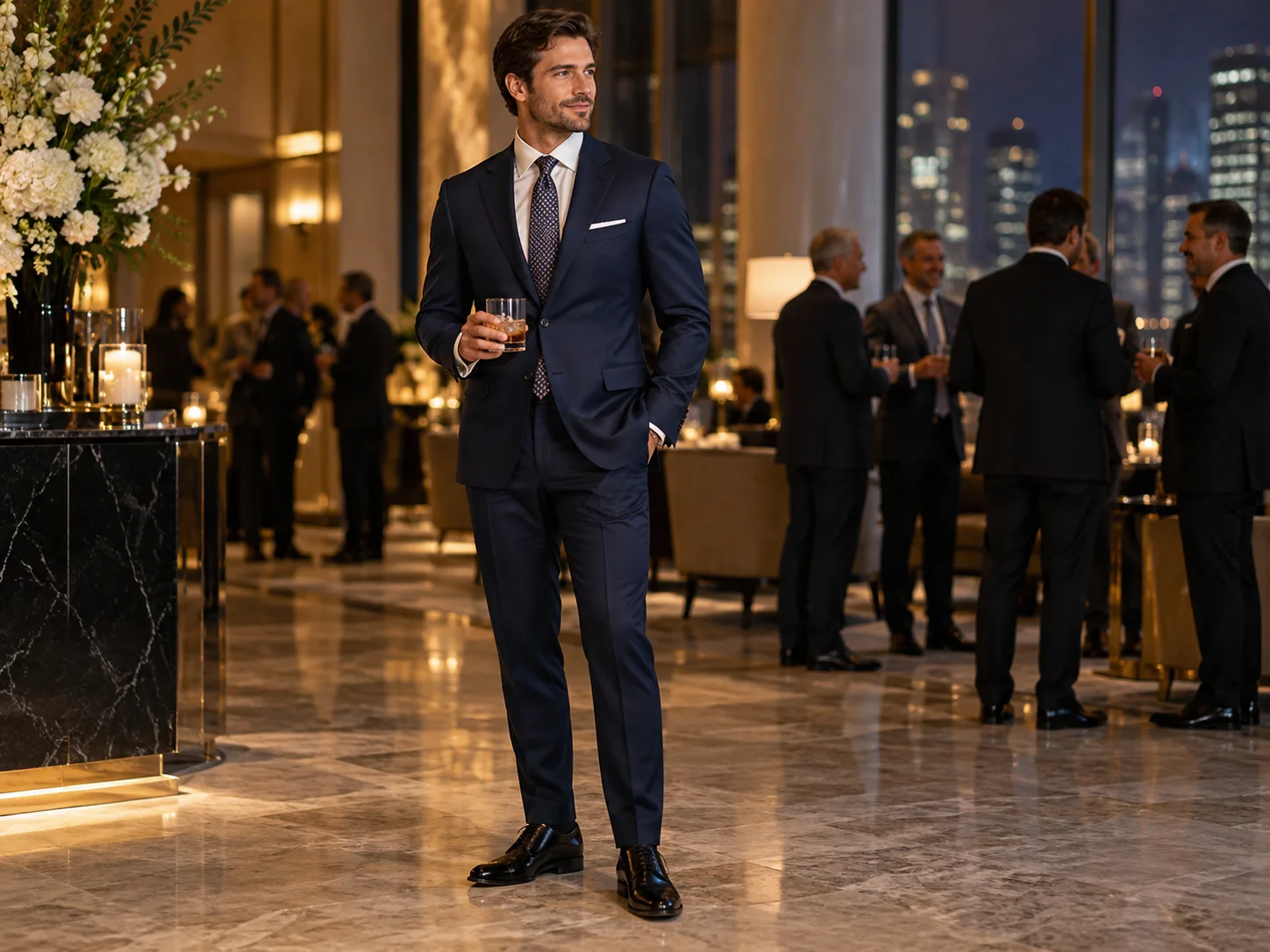Man in a navy tailored suit and patterned tie attending an elegant business reception