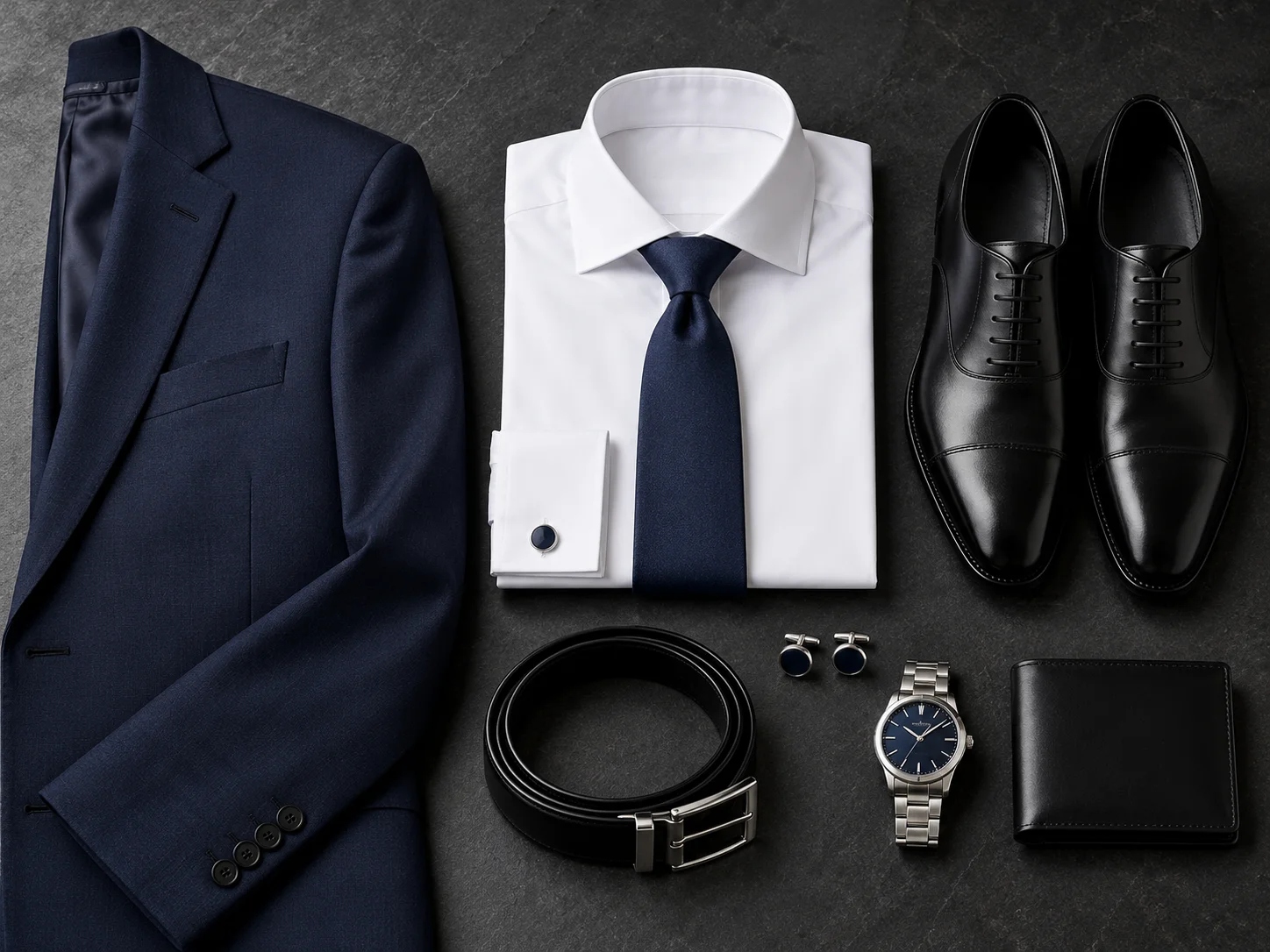 Flat lay with navy tailored suit, white shirt, blue tie, black Oxford shoes, watch and belt