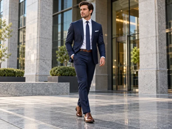 Man in a navy business suit, white shirt and dark tie walking outside a modern office building