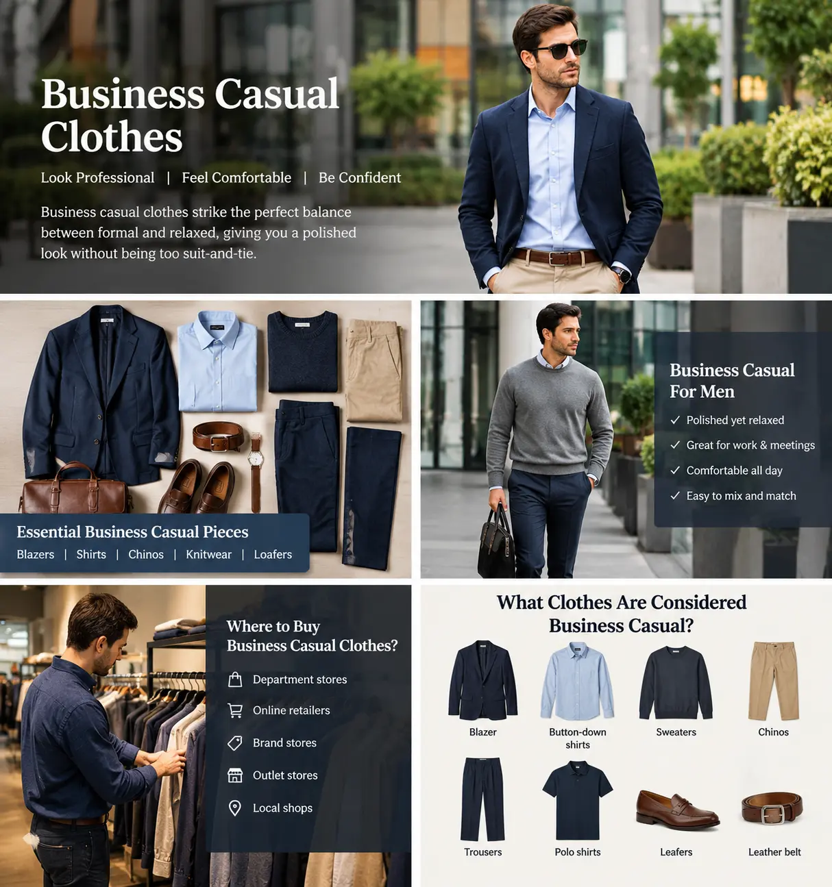 Men wearing smart knitwear, shirts and tailored trousers for an office wardrobe