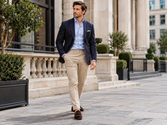 Man in a navy blazer, light blue shirt, beige chinos and brown loafers walking outside an office building