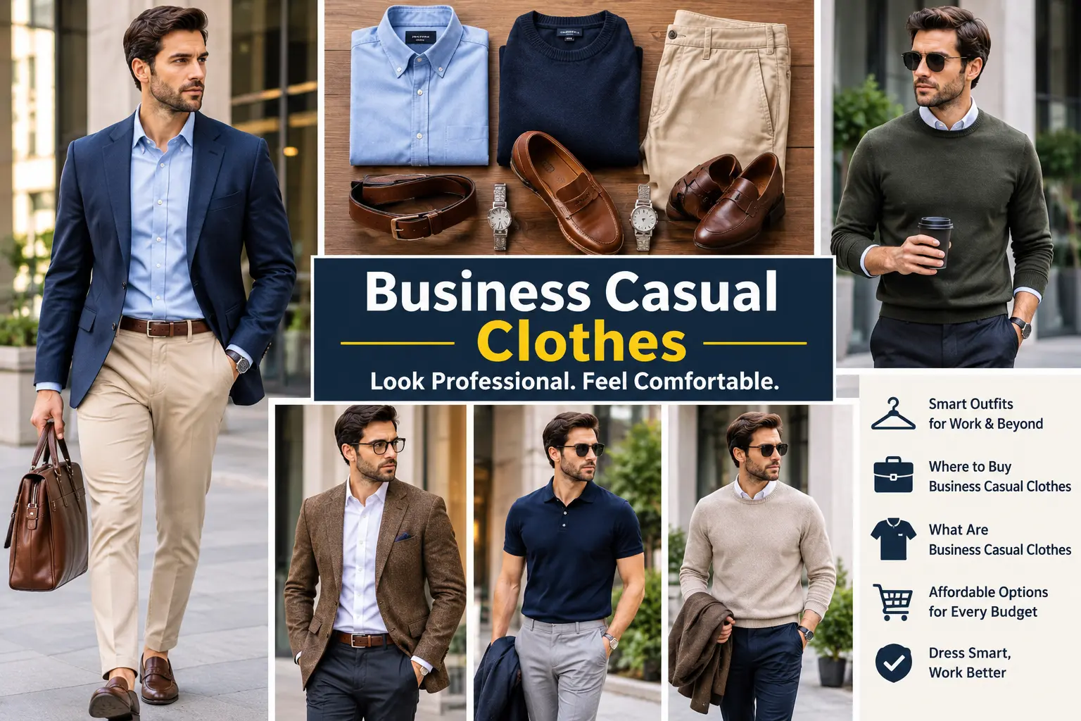 Business Casual Clothes workwear guide showing smart clothing and coordinated outfits