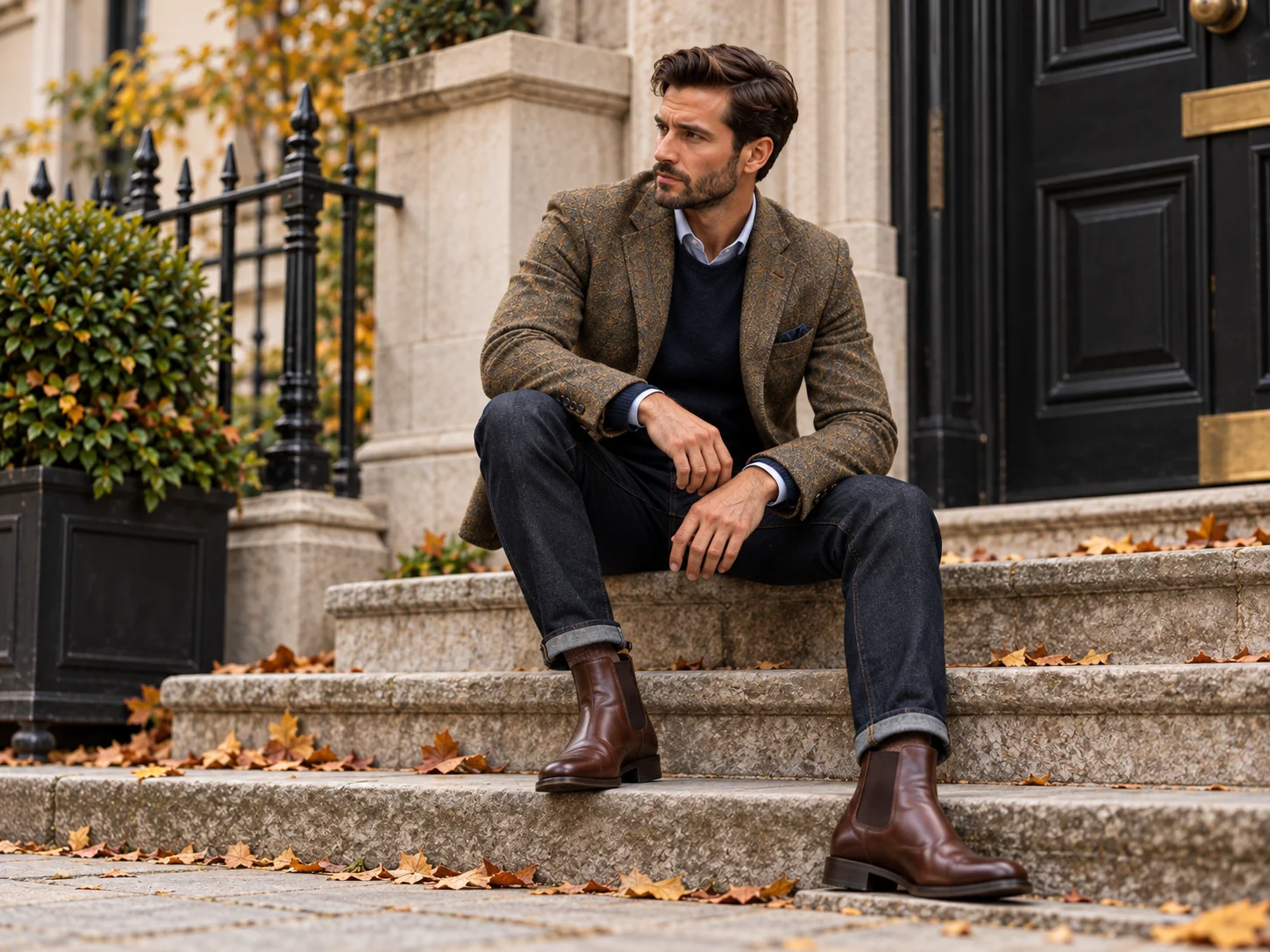 Man wearing a brown tweed jacket over navy knitwear with dark jeans and brown boots