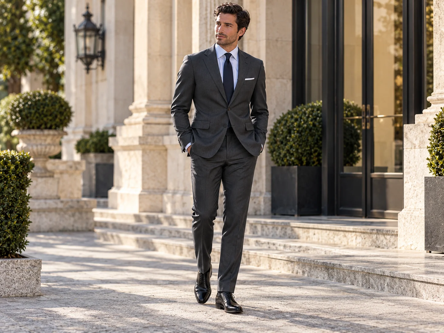 Man wearing a charcoal grey two-piece lounge suit outside an elegant building