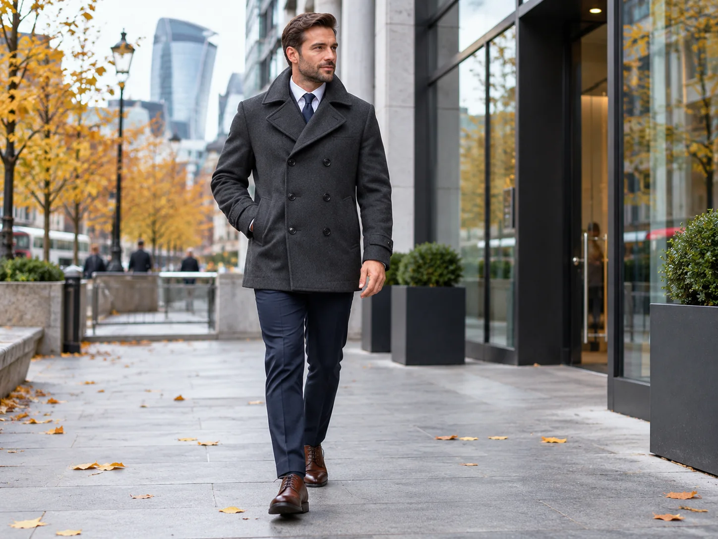 Man wearing charcoal What Is a Pea Coat, shirt, tie and navy tailored trousers on a city office street