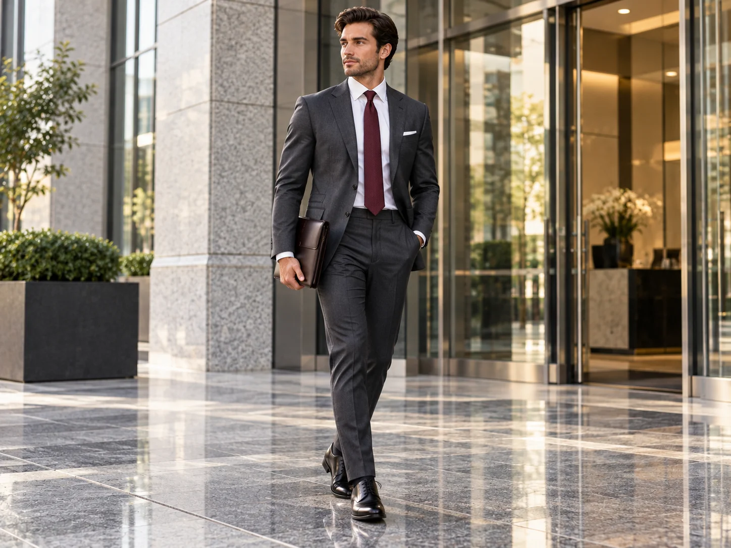 Man wearing a charcoal grey business suit, white dress shirt and burgundy tie outside an office