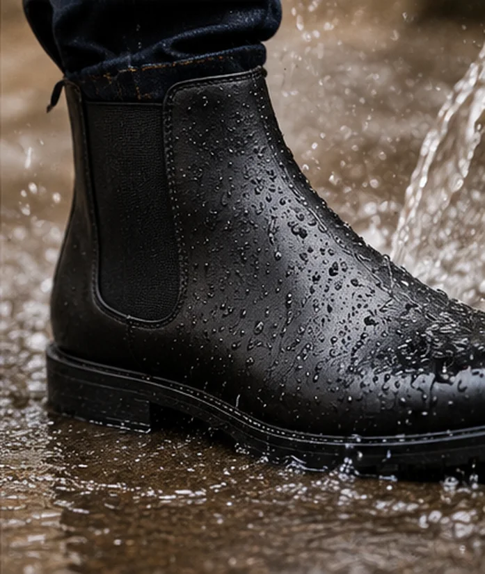 Close-up of black leather Chelsea boot with raindrops illustrating wet-weather care