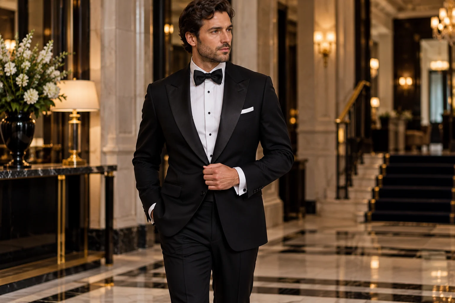 Man in a classic James Bond Tuxedo with peak lapels, white formal shirt and black bow tie in a luxury hotel lobby