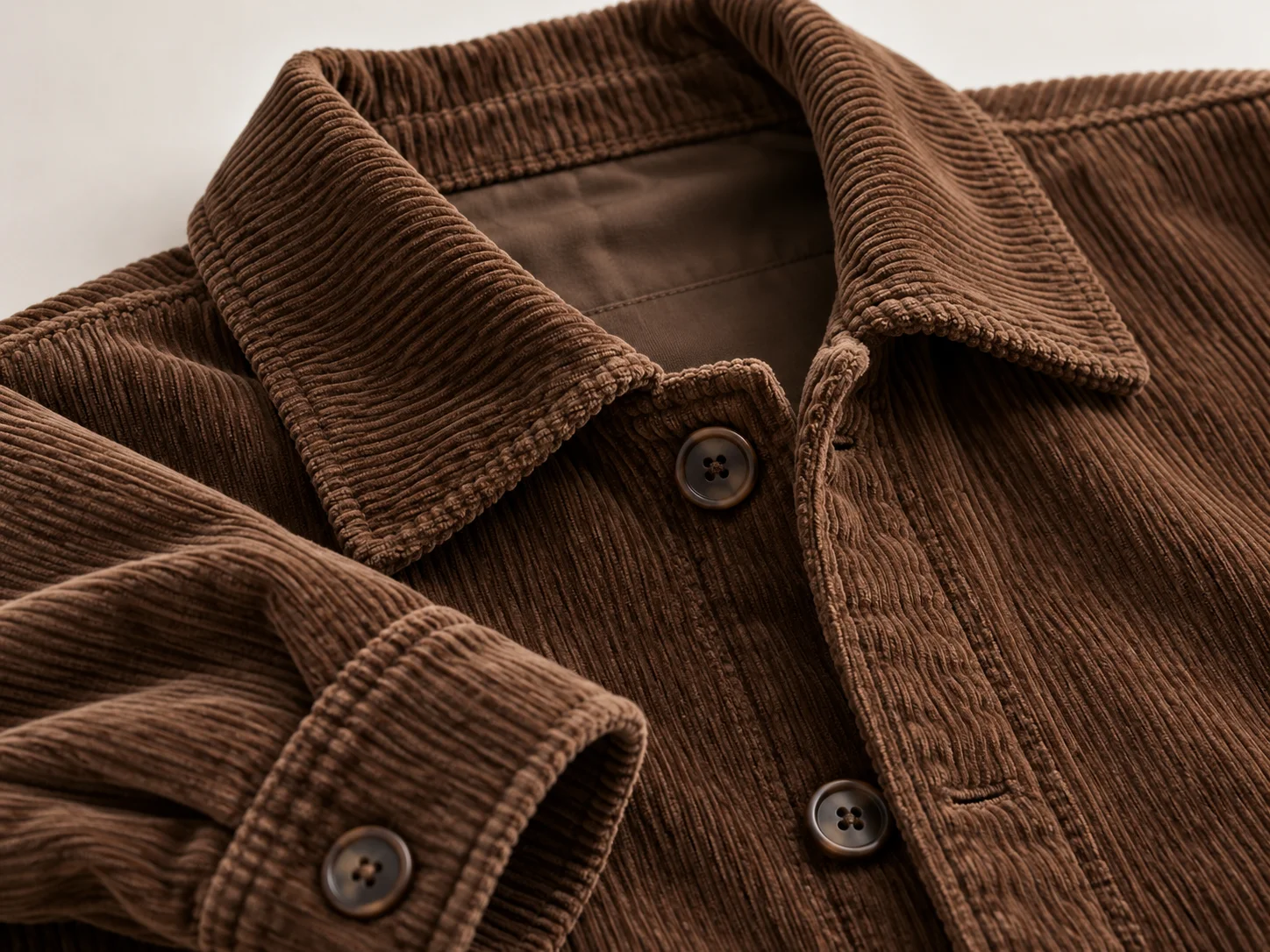 Close-up of a brown corduroy jacket showing the ribbed wale texture, collar, buttons and stitching