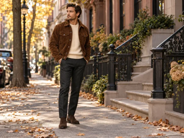 Man wearing a brown corduroy jacket with a cream knit sweater, charcoal trousers and brown boots on an autumn city street