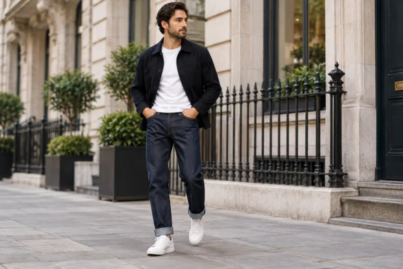 Man wearing dark cuffed jeans with a navy overshirt, white T-shirt and white trainers in a smart casual city outfit
