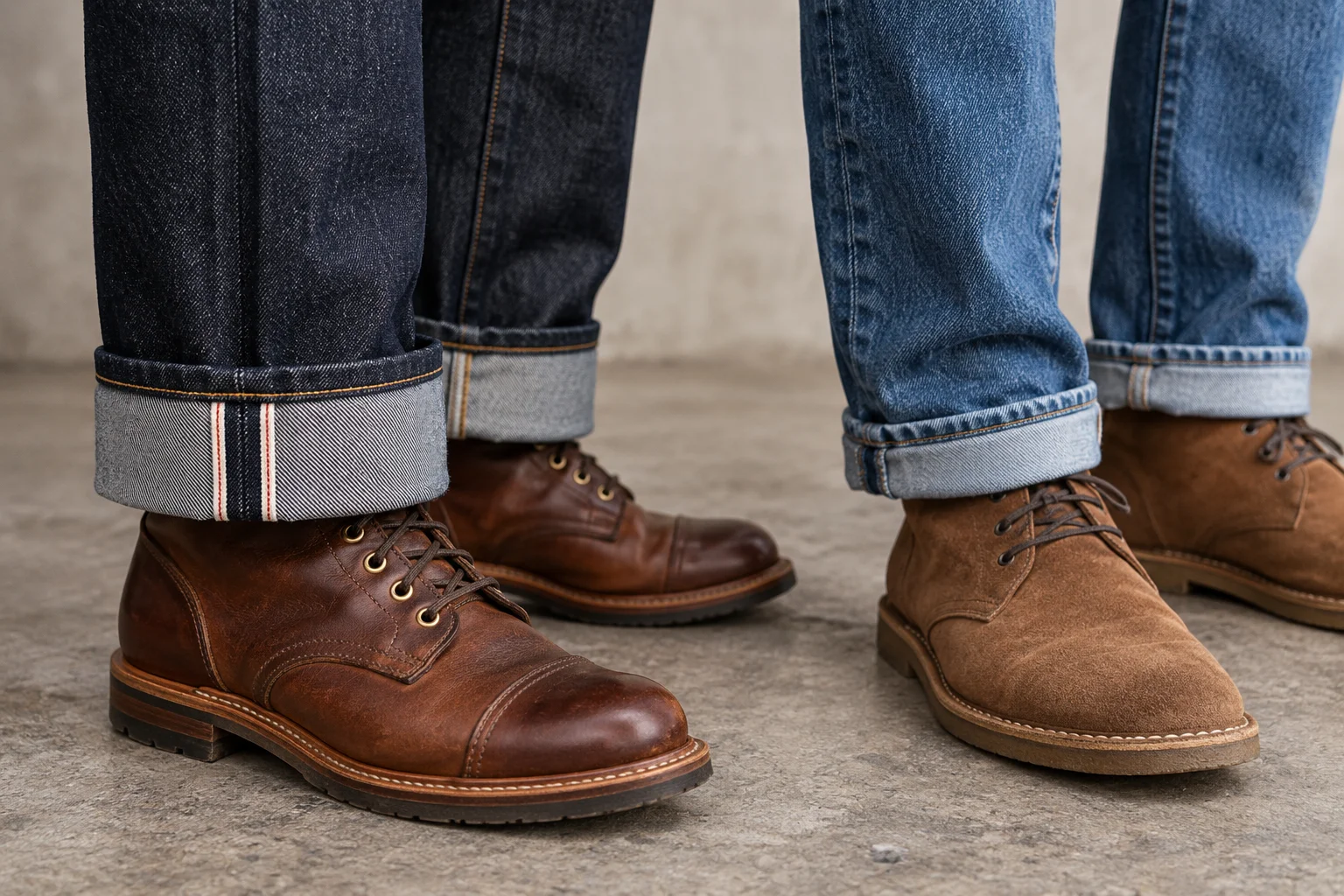 Close-up of cuffed dark and medium blue jeans worn with brown leather and tan suede boots