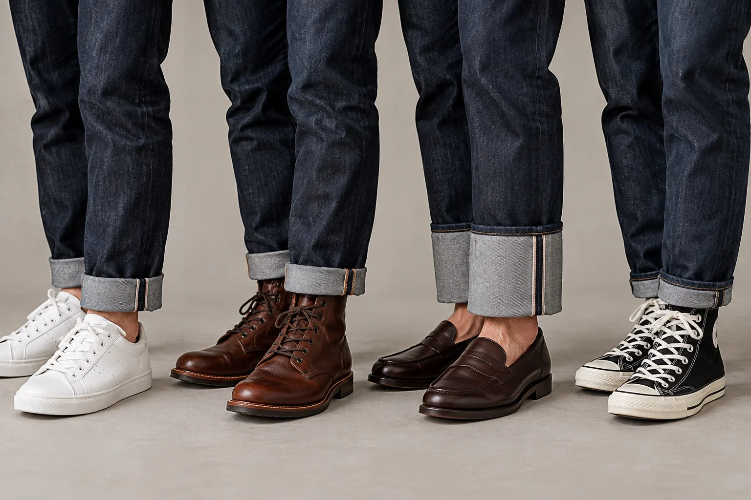 Four pairs of cuffed dark jeans styled with white trainers, brown boots, loafers and black high-top sneakers