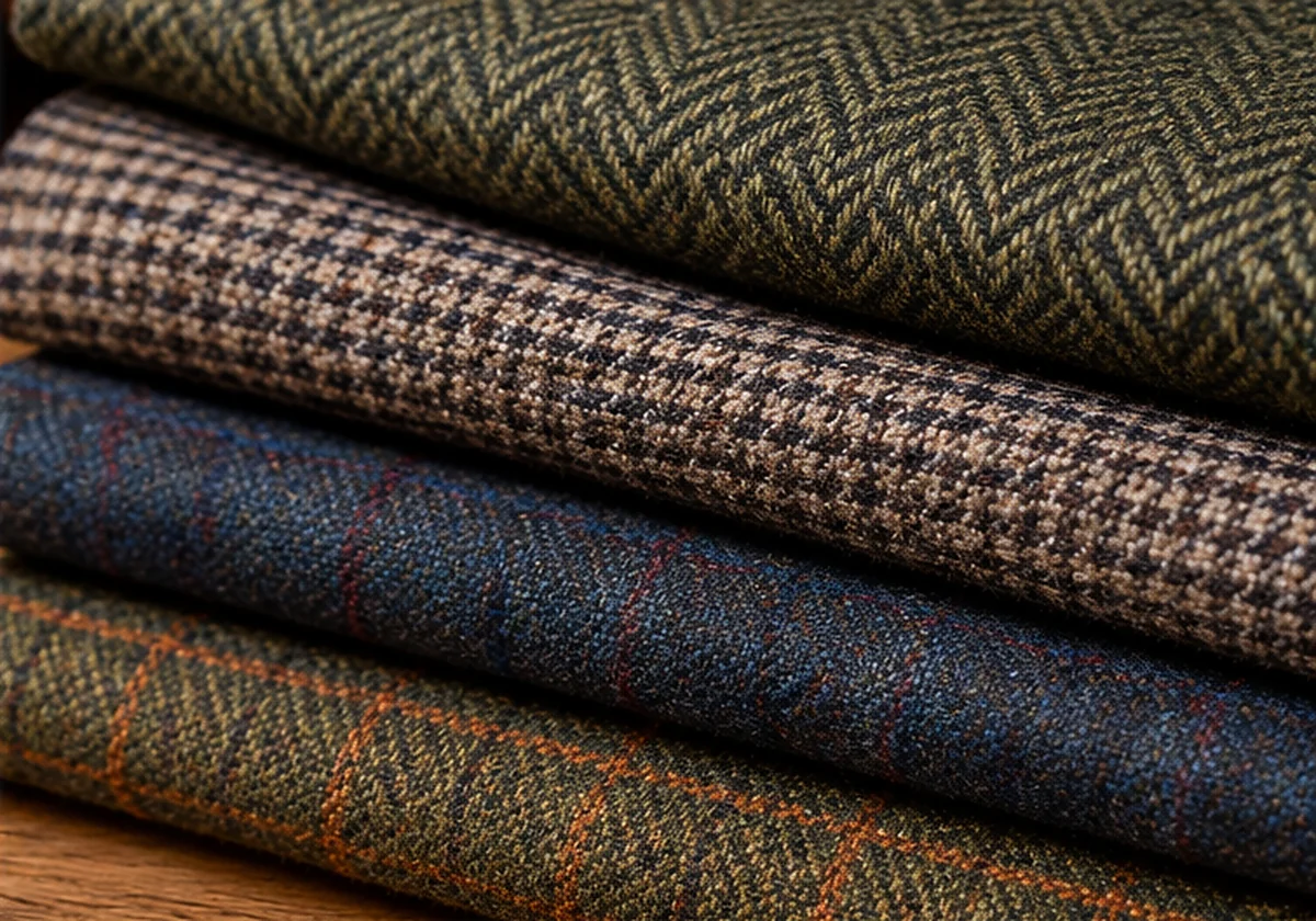 Close-up of stacked green, brown, blue and orange flecked tweed wool fabrics