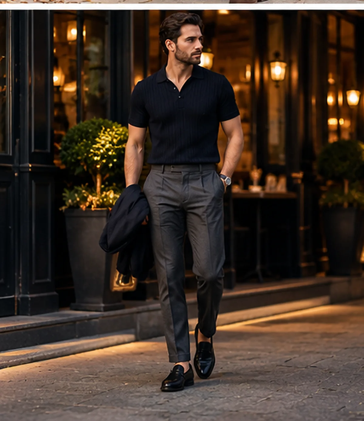 Man wearing a dark knitted polo with tailored grey trousers and black leather loafers outside a restaurant