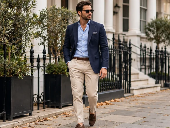 Man wearing a navy blazer with a pale shirt, beige chinos and brown loafers on a city street