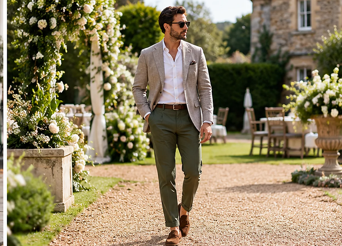 Man wearing a light neutral blazer, open-collar shirt, olive trousers and brown loafers at a garden wedding venue