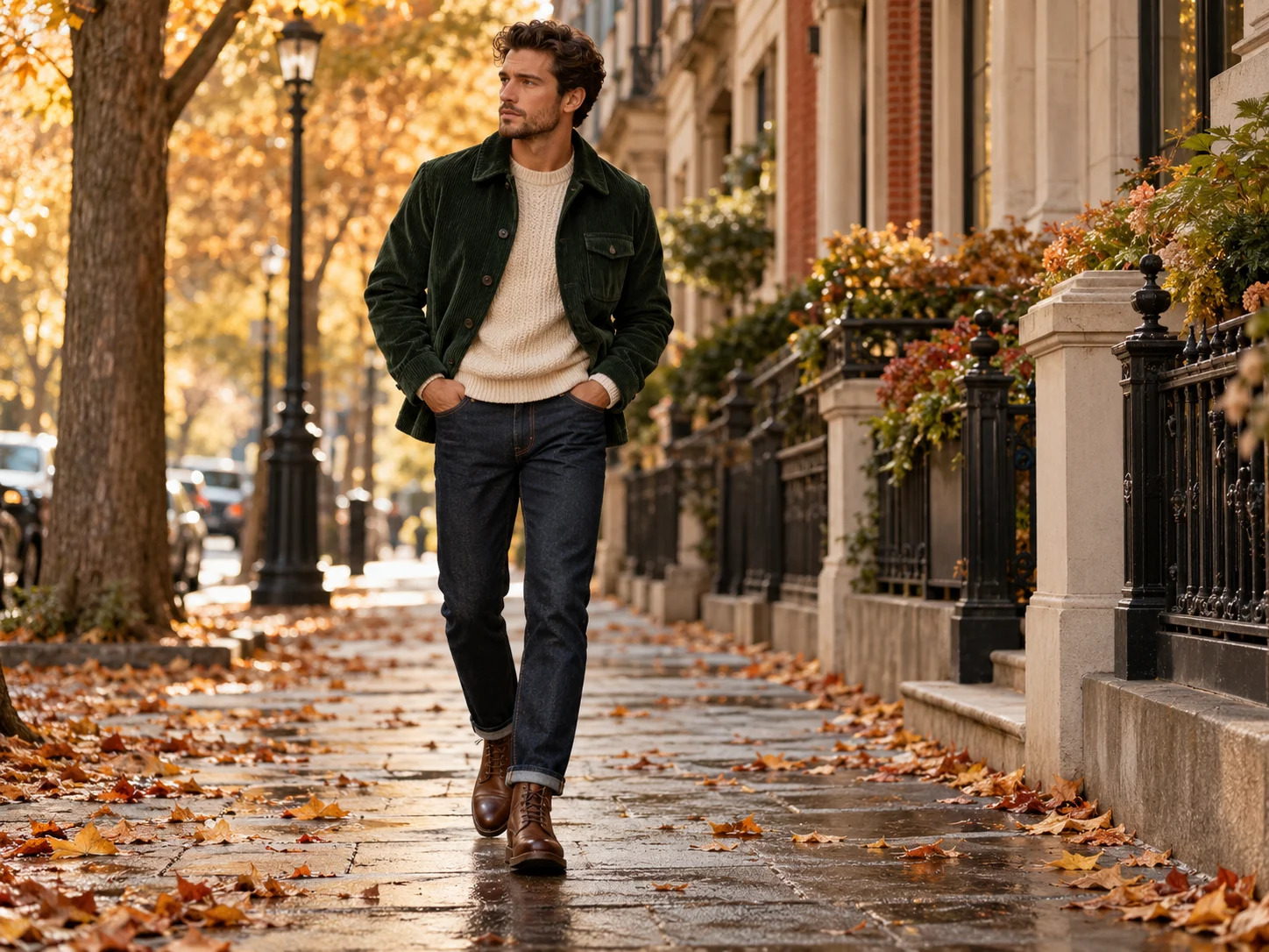 Man wearing a green corduroy jacket with a cream knit jumper, dark indigo jeans and brown boots on an autumn street