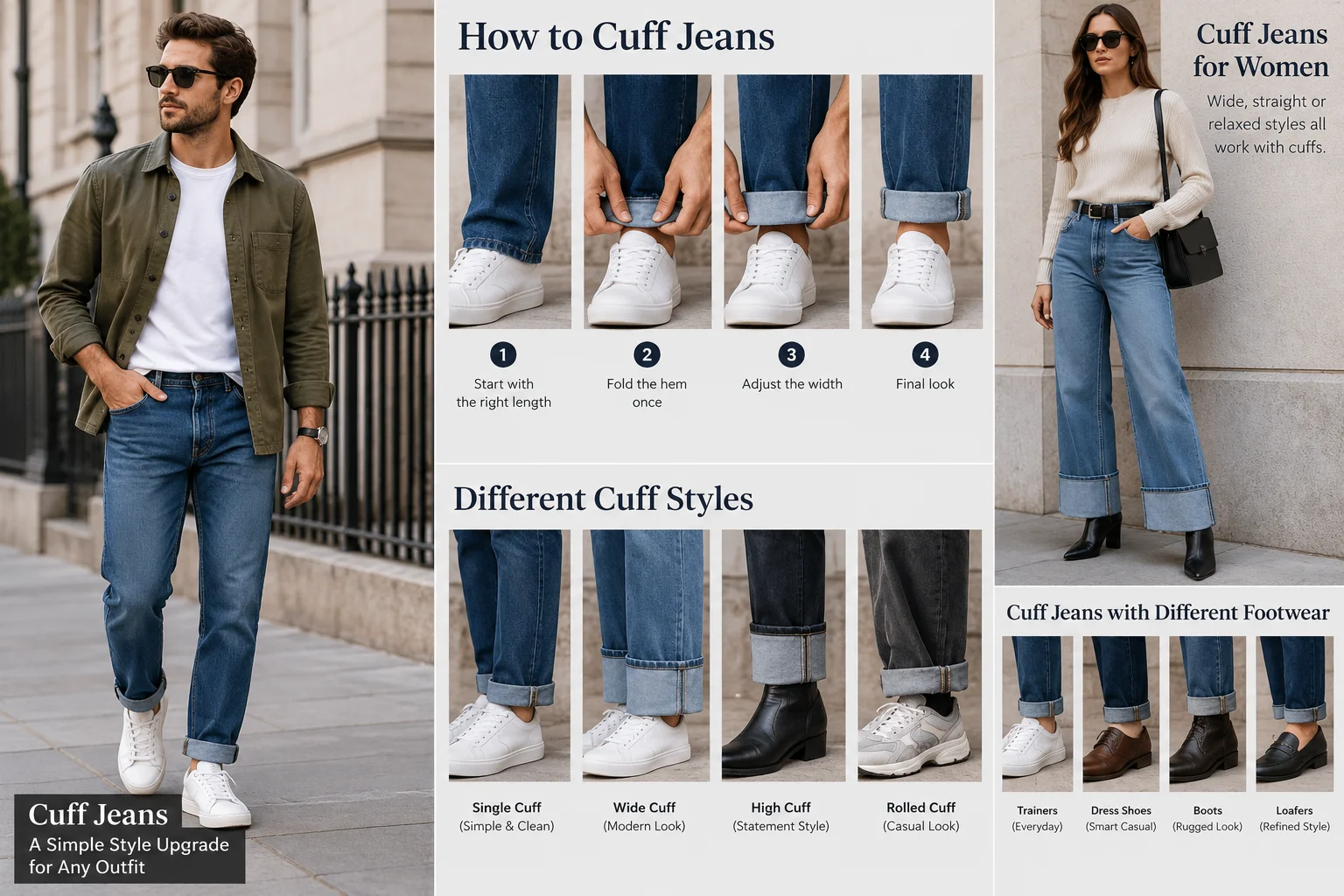 Step-by-step visual guide showing how to cuff jeans and several cuff styles with different footwear