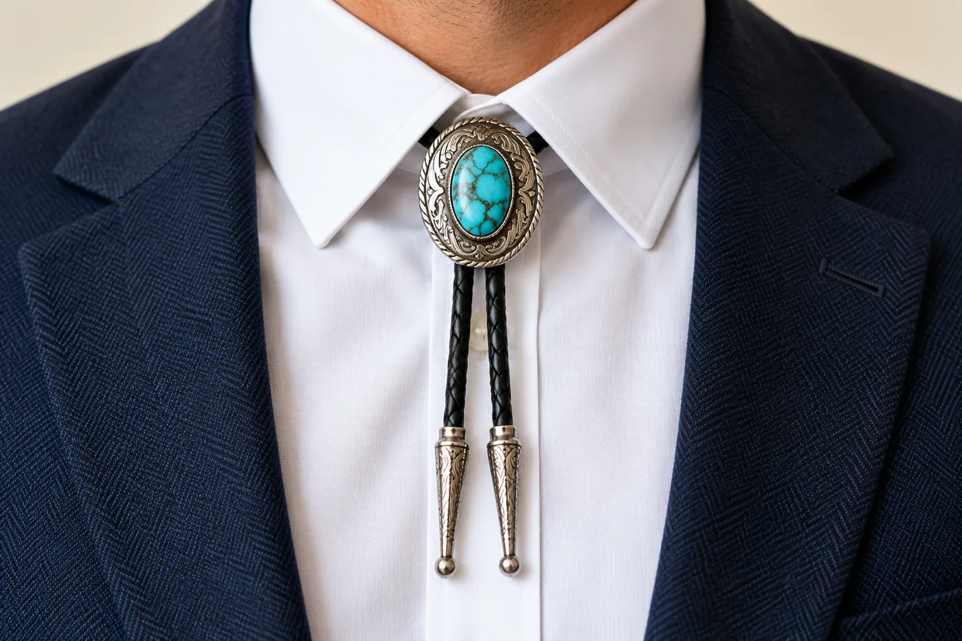 Close-up of silver turquoise bolo tie slide centred at white shirt collar, with black cords hanging evenly