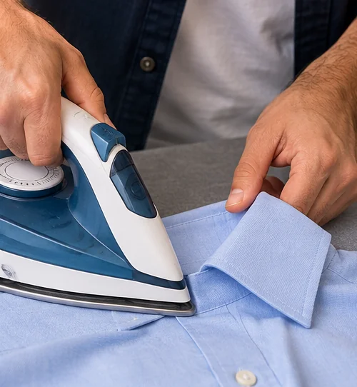 Close-up of an iron pressing the collar and cuffs of a light-blue dress shirt