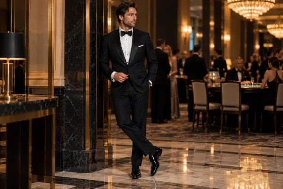 Bond-inspired black tuxedo look in an elegant casino lounge with satin lapels, white dress shirt, black bow tie and polished black shoes