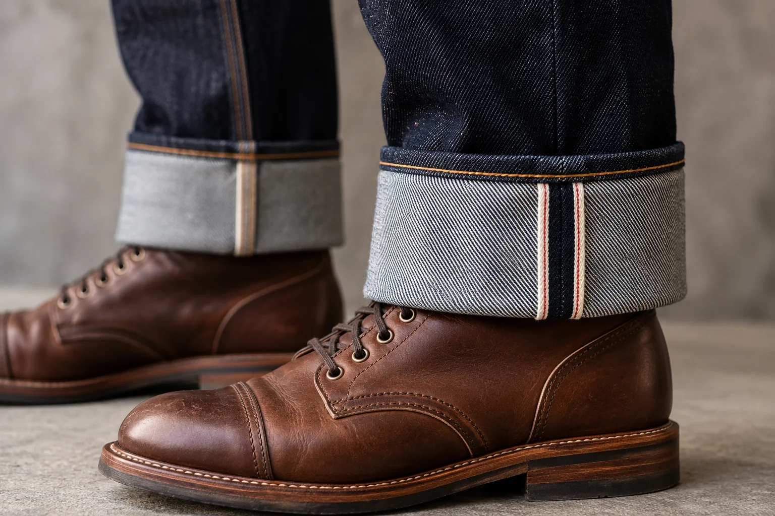 Close-up of a wide cuff on dark selvedge denim showing the contrasting selvedge edge above brown leather boots
