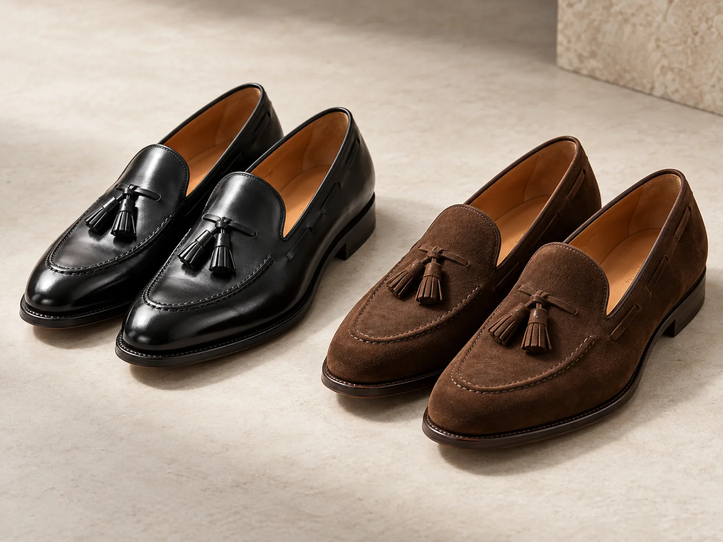 Black leather and brown suede tassel loafers showing tassel, stitching and material details