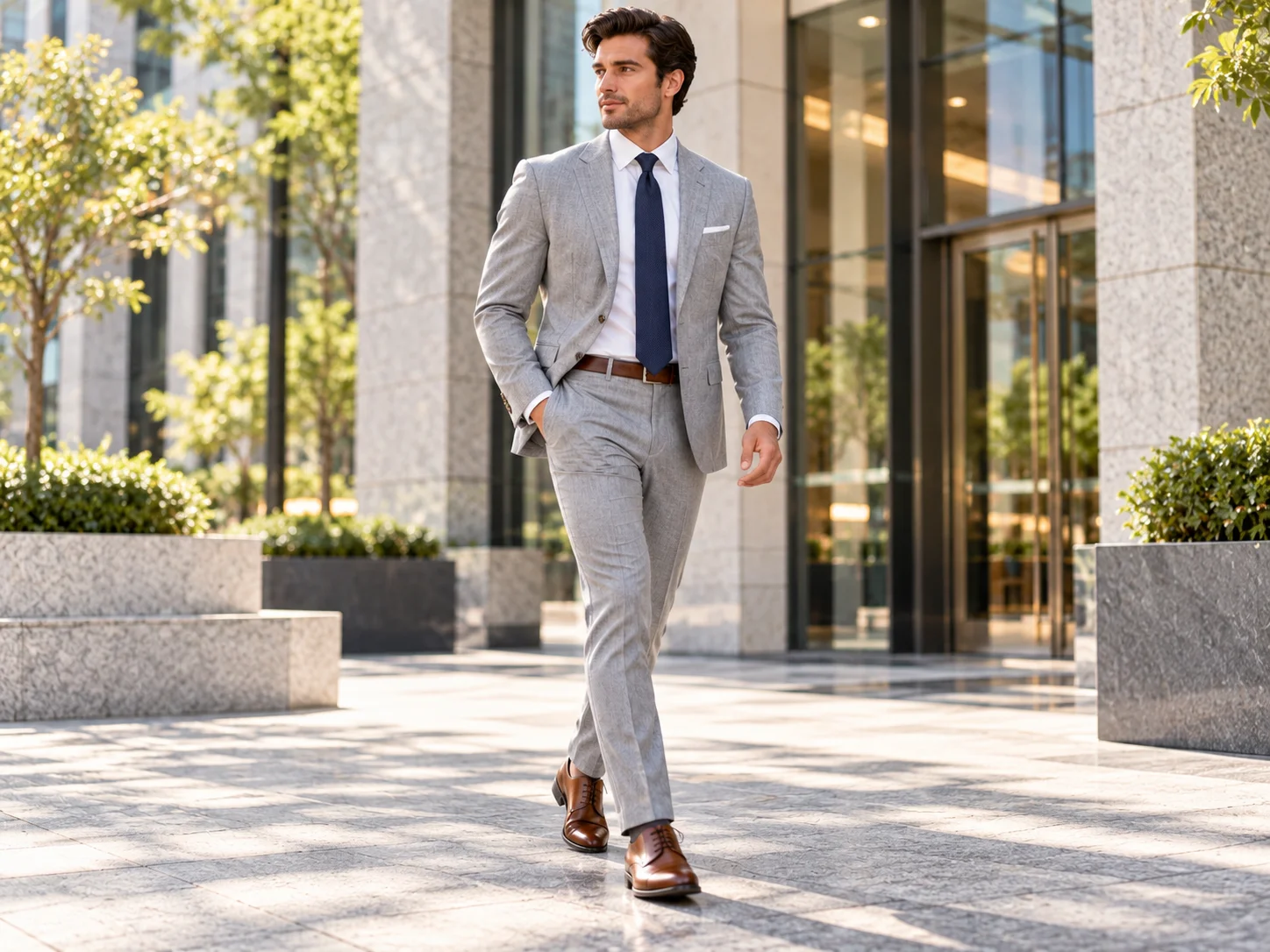 Business Professional Attire a light grey tailored suit, white shirt and navy tie outside a modern office