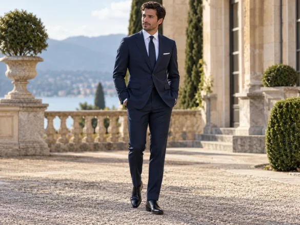 Man in a navy lounge suit with a white shirt, tie and black formal shoes